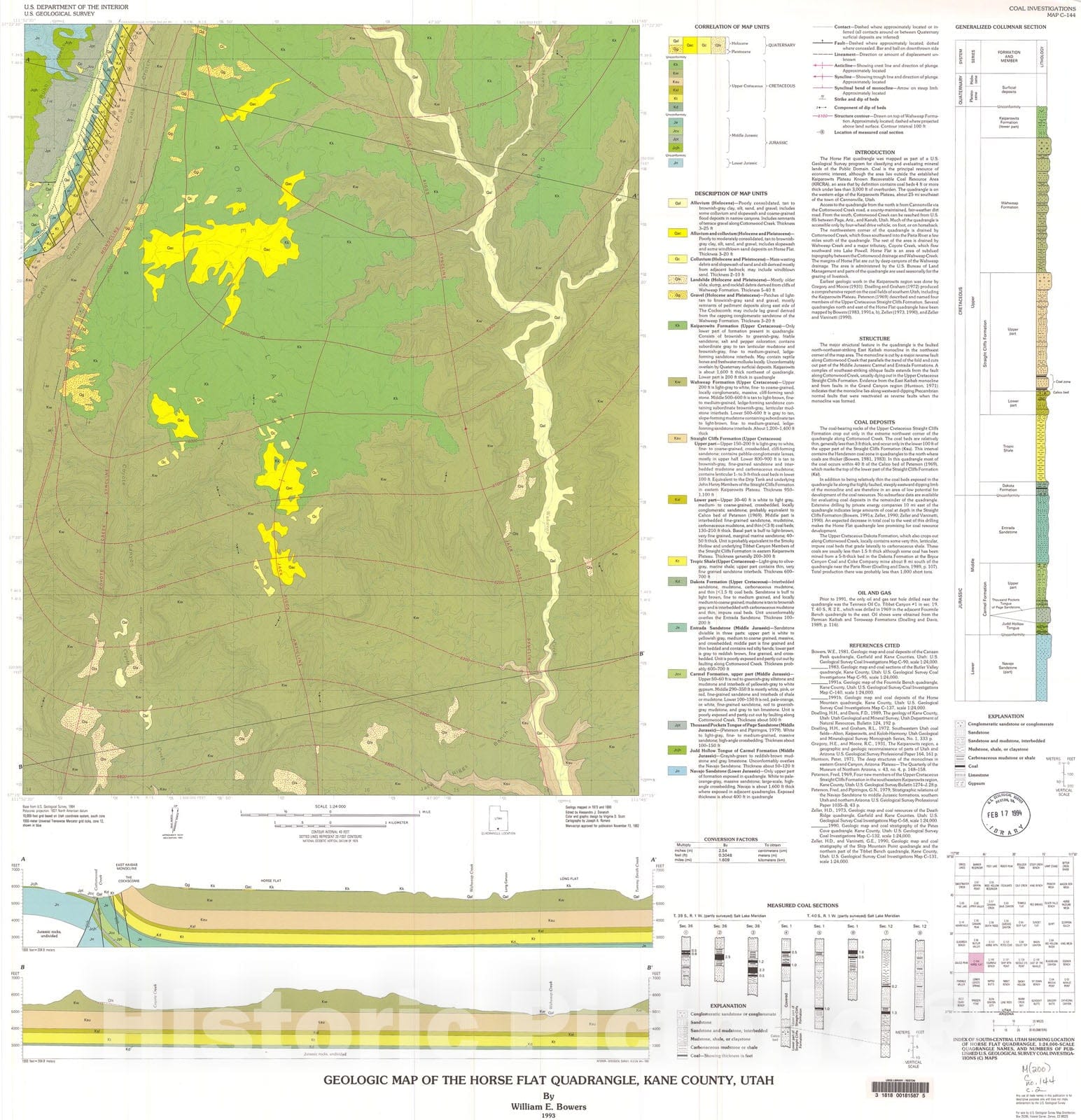 Map : Geologic map of the Horse Flat quadrangle, Kane County, Utah, 1993 Cartography Wall Art :
