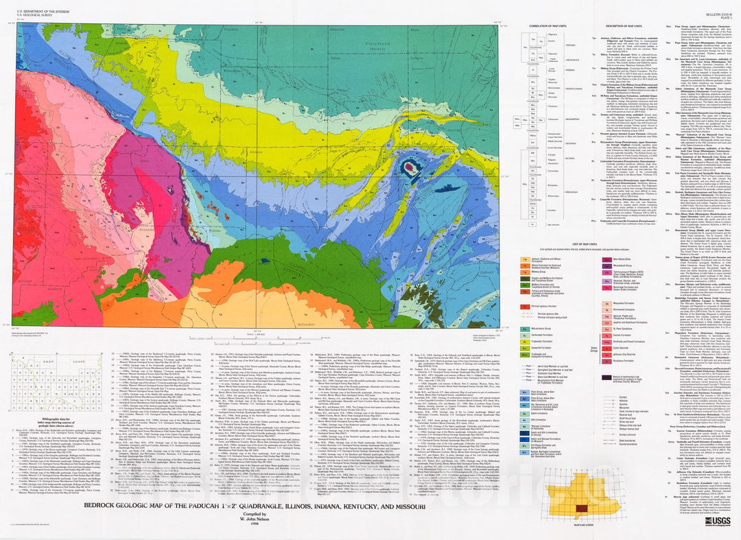 Map : Bedrock geology of the Paducah one degree X two degree CUSMAP quadrangle, Illinois, Indiana, Kentucky, and Missouri, one998 Cartography Wall Art :