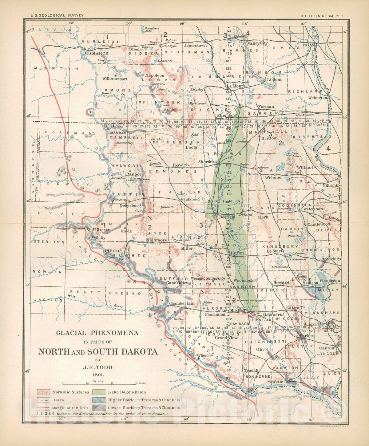 Map : The moraines of the Missouri Coteau and their attendant deposits, 1896 Cartography Wall Art :