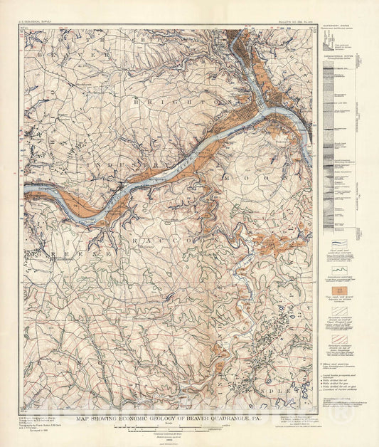 Map : Economic geology of the Beaver quadrangle, Pennsylvania, 1906 Cartography Wall Art :