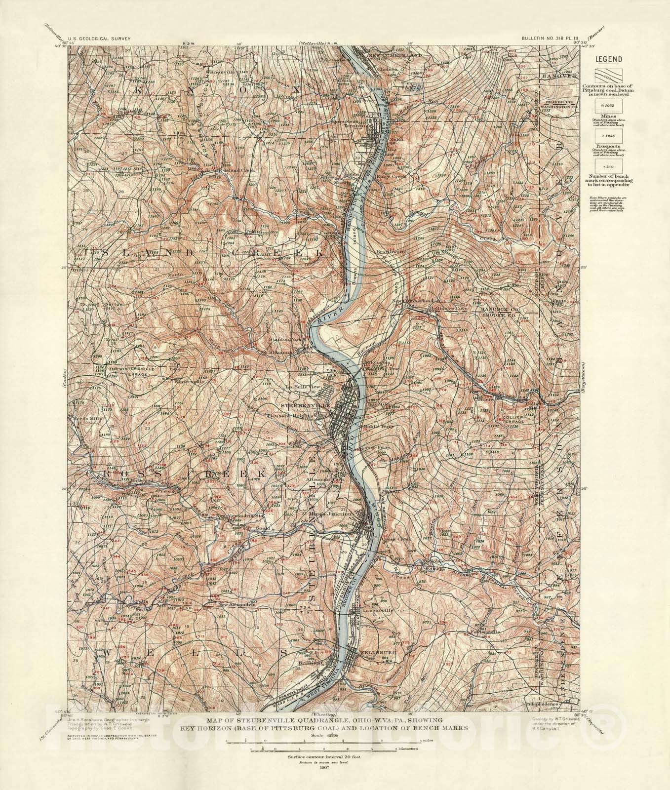 Map : Geology of oil and gas fields in Steubenville, Burgettstown, and Claysville quadrangles, Ohio, West Virginia, and Pennsylvania, 1907 Cartography Wall Art :