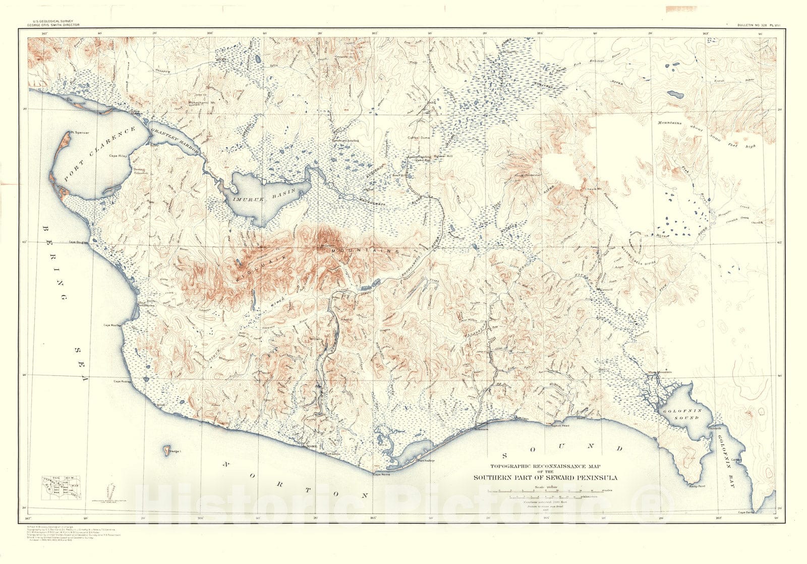 Map : The gold placers of parts of Seward Peninsula, Alaska including the Nome, Council, Kougarok, Port Clarence, and Goodhope precincts, 1908 Cartography Wall Art :
