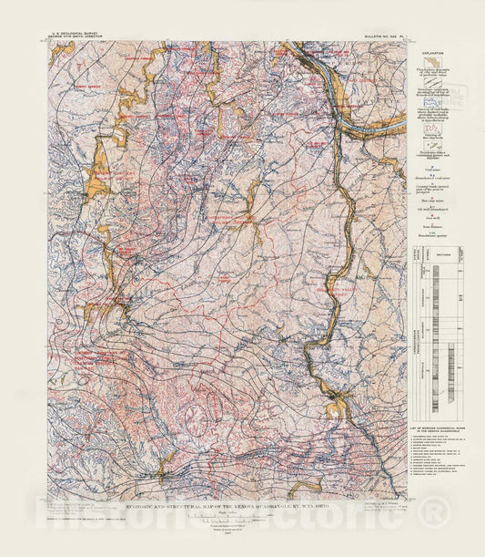 Map : Economic geology of the Kenova quadrangle, Kentucky, Ohio, and West Virginia, 1908 Cartography Wall Art :