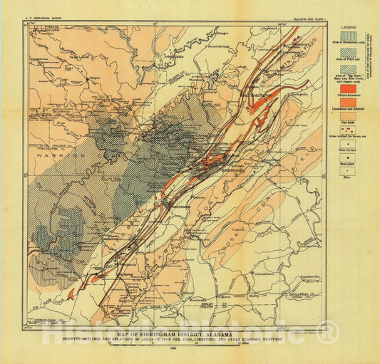 Map : Iron ores, fuels, and fluxes of the Birmingham district, Alabama, 1910 Cartography Wall Art :