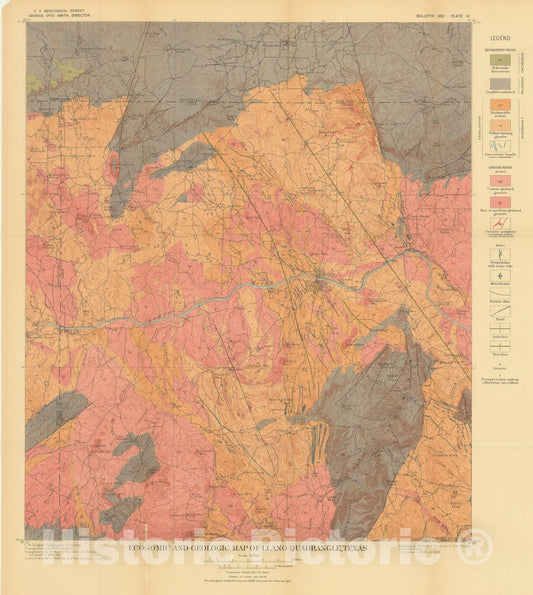 Map : Economic and geologic map of Llano quadrangle, Texas, 1911 Cartography Wall Art :