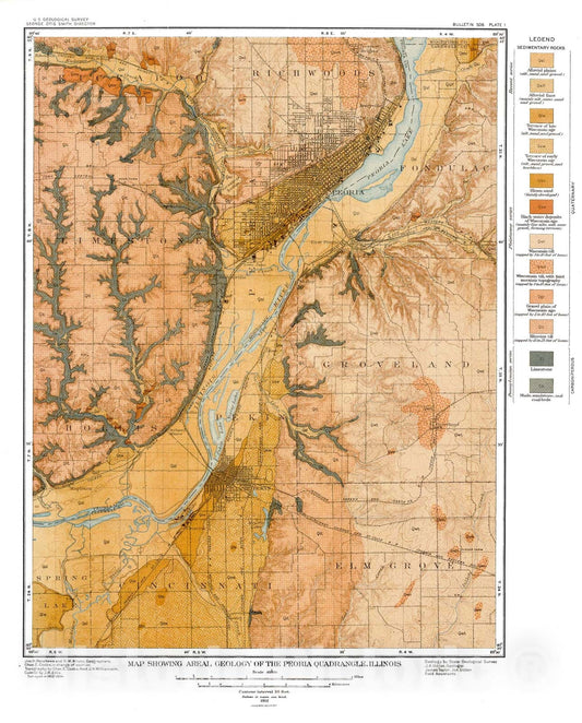 Map : Geology and mineral resources of the Peoria quadrangle, Illinois, 1912 Cartography Wall Art :