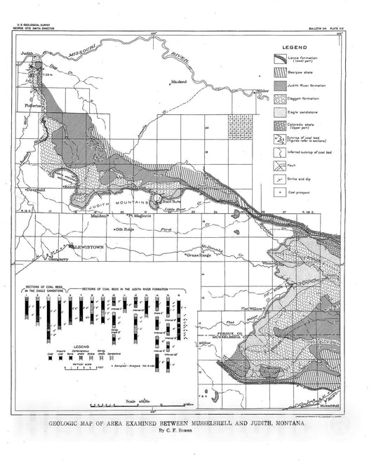 Map : Coal discovered in a reconnaissance survey between Musselshell and Judith, Montana, 1914 Cartography Wall Art :