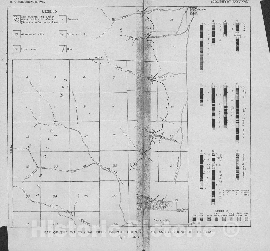 Map : Coal near Wales, Sanpete County, Utah, 1914 Cartography Wall Art :