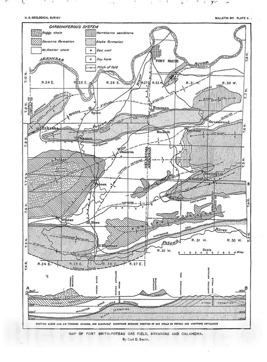 Map : Structure of the Fort Smith - Poteau gas field, Arkansas and Oklahoma, 1914 Cartography Wall Art :