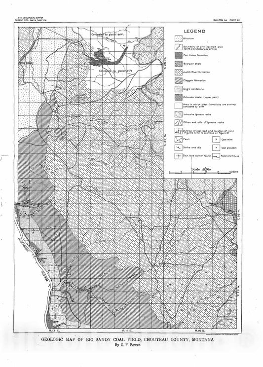 Map : The Big Sandy coal field, Chouteau County, Montana, 1914 Cartography Wall Art :