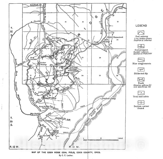 Map : The Eden Ridge coal field, Coos County, Oregon, 1914 Cartography Wall Art :