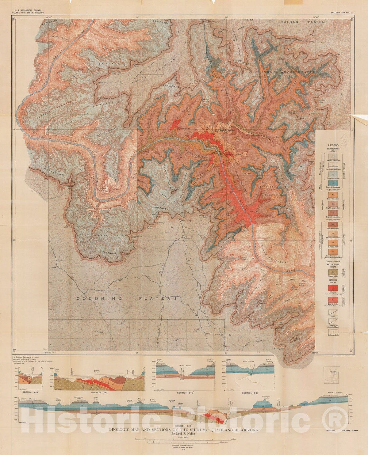 Map : The Shinumo quadrangle, Grand Canyon district, Arizona, 1914 Cartography Wall Art :