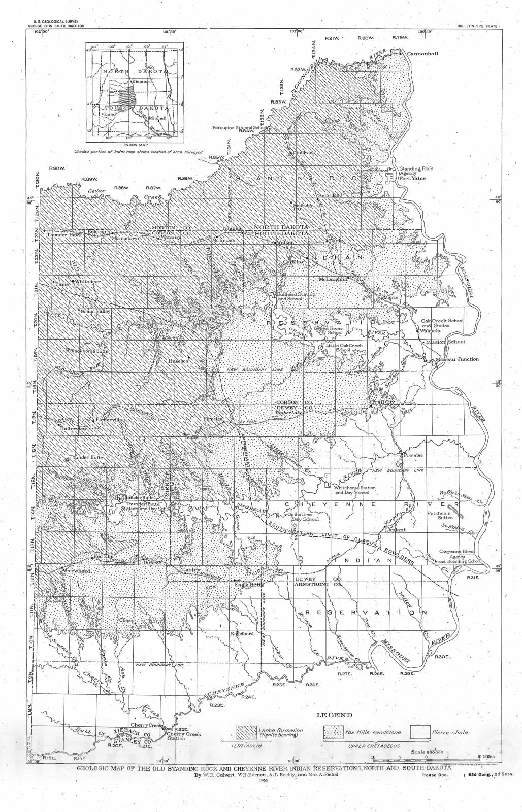 Map : Geology of the Standing Rock and Cheyenne River Indian Reservations, North and South Dakota, 1914 Cartography Wall Art :