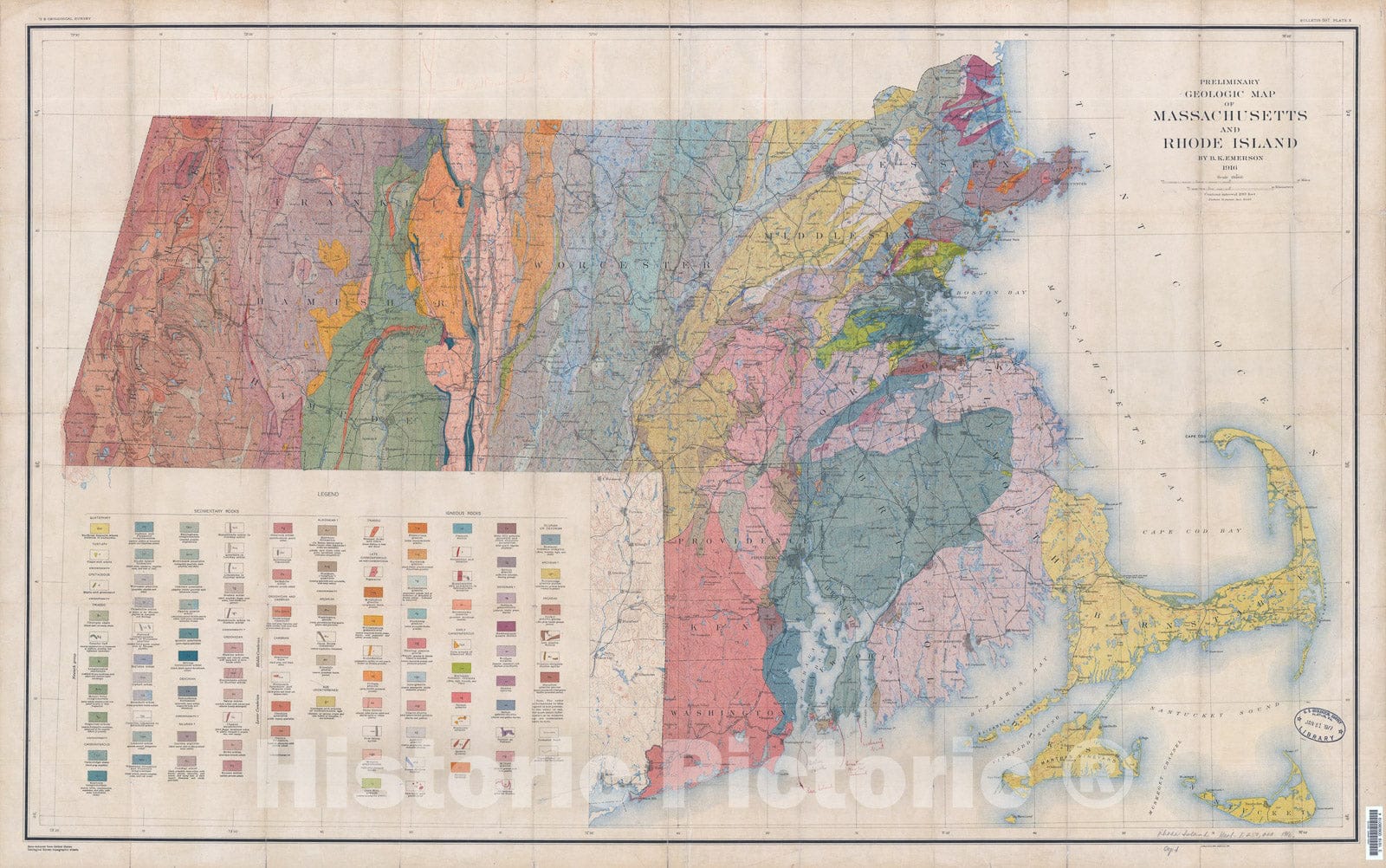 Map : Geology of Massachusetts and Rhode Island, 1917 Cartography Wall Art :