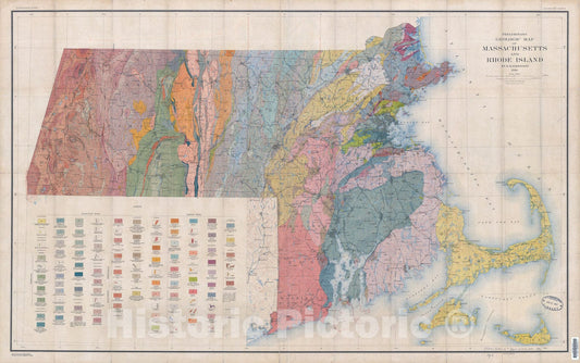 Map : Geology of Massachusetts and Rhode Island, 1917 Cartography Wall Art :