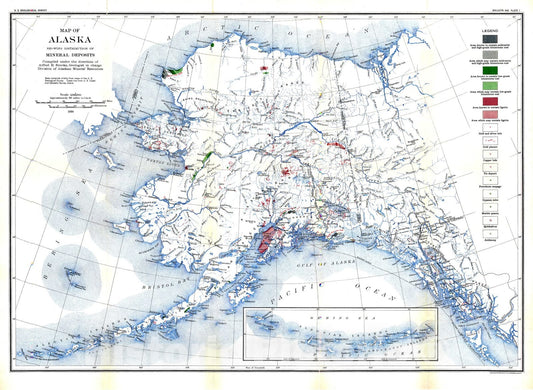 Map : The Alaskan mining industry, 1915, 1916 Cartography Wall Art :