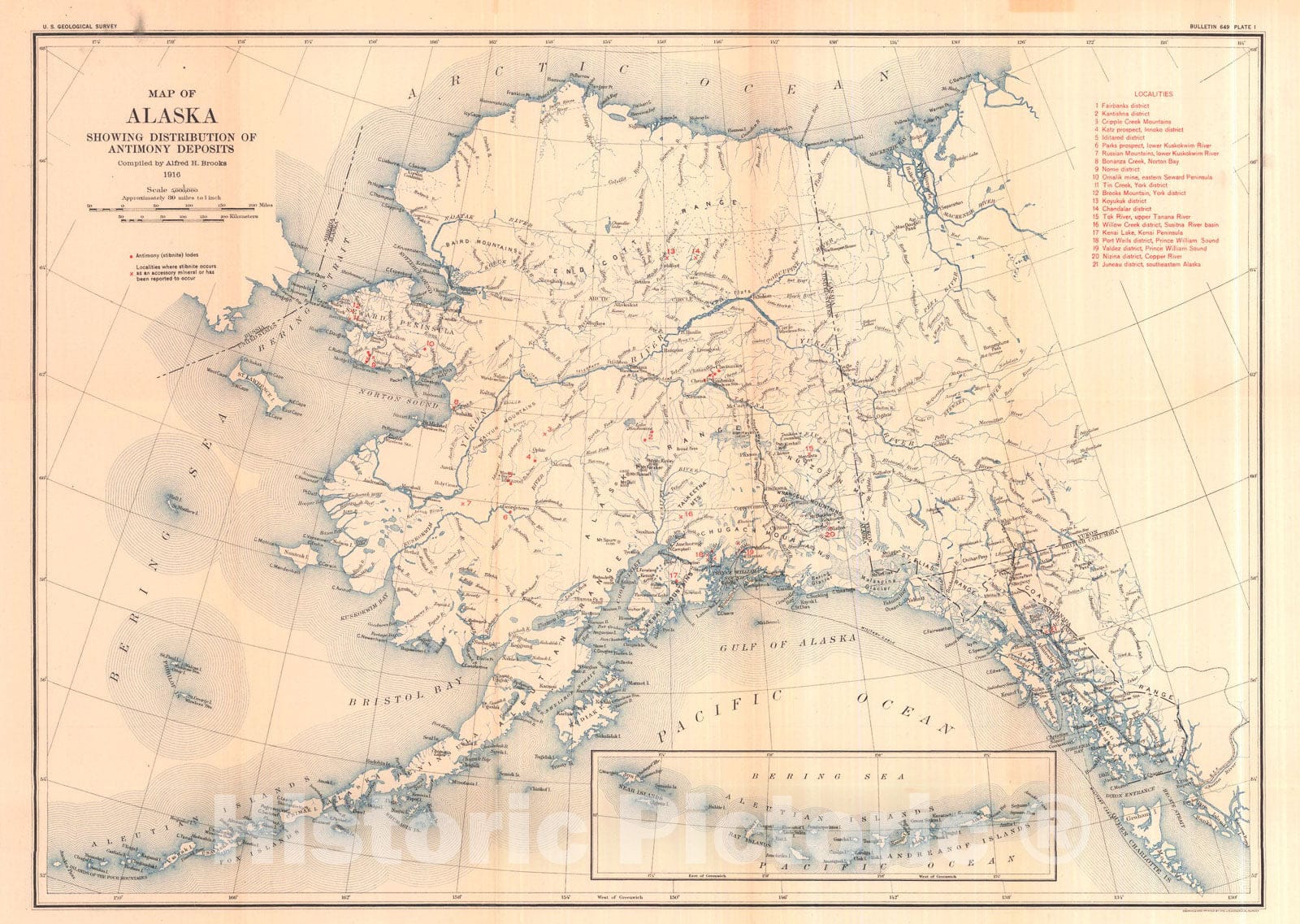 Map : Antimony deposits of Alaska, 1916 Cartography Wall Art :
