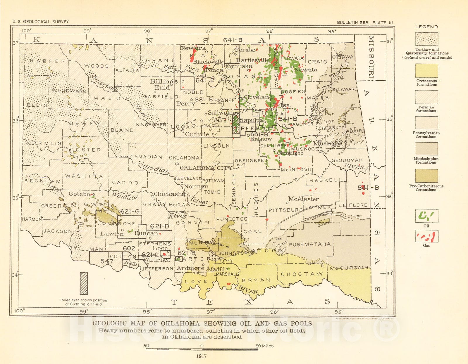 Map : Geologic structure in the Cushing oil and gas field, Oklahoma and its relation to the oil, gas, and water, 1917 Cartography Wall Art :