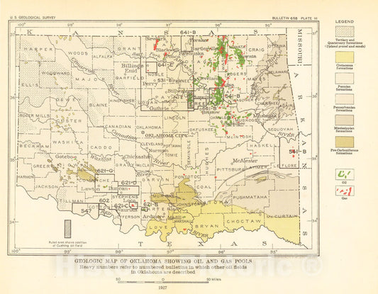 Map : Geologic structure in the Cushing oil and gas field, Oklahoma and its relation to the oil, gas, and water, 1917 Cartography Wall Art :