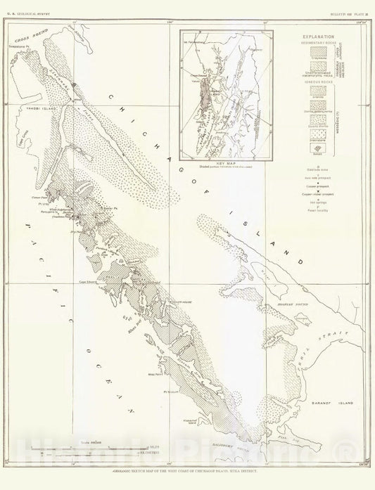 Map : Geology and mineral resources of the west coast of Chichagof Island, 1919 Cartography Wall Art :