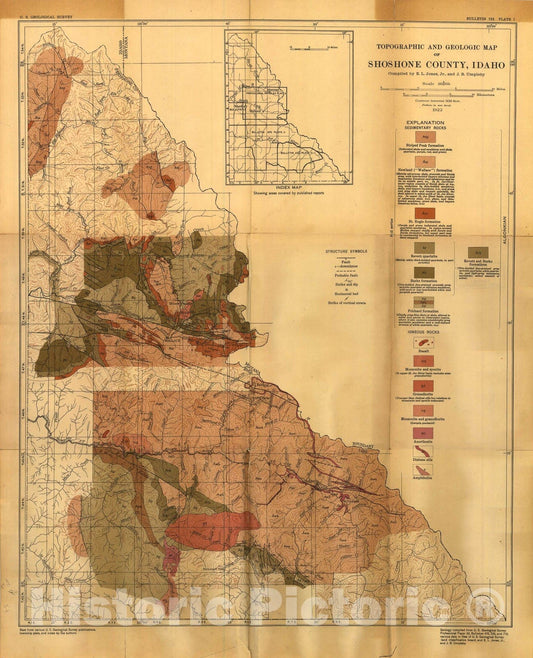 Map : Geology and ore deposits of Shoshone County, Idaho, 1923 Cartography Wall Art :