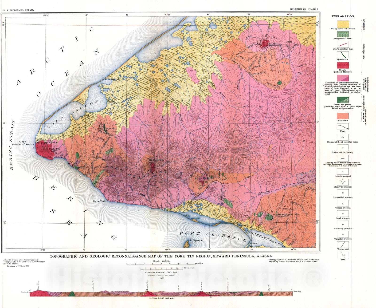 Map : Geology of the York tin deposits, Alaska, 1922 Cartography Wall Art :