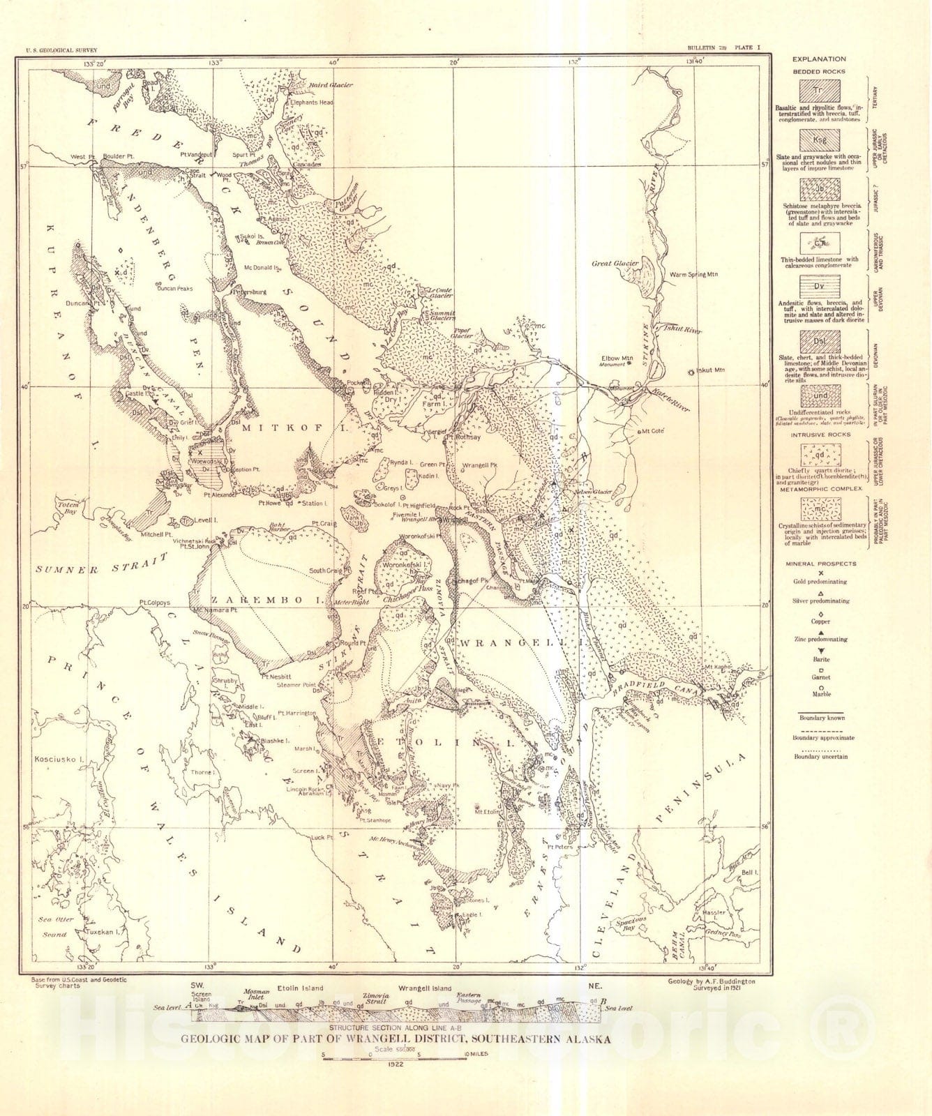 Map : Mineral deposits of the Wrangell district, 1923 Cartography Wall Art :
