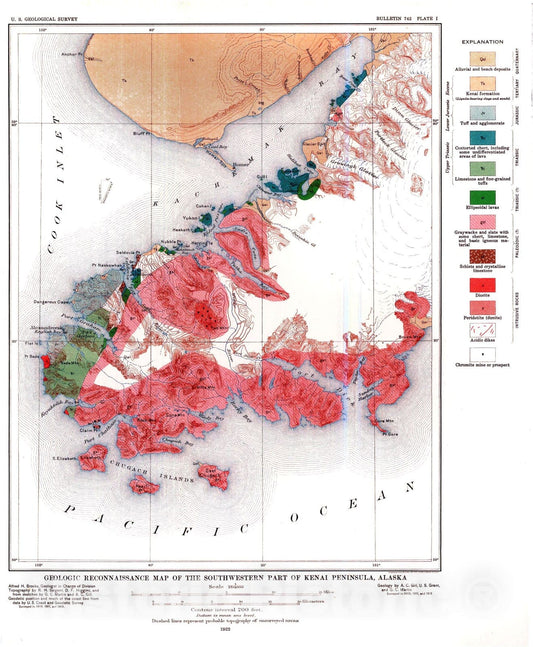 Map : Chromite of Kenai Peninsula, Alaska, 1922 Cartography Wall Art :