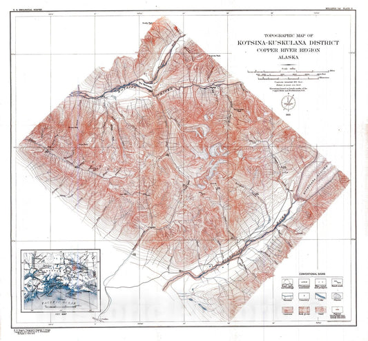 Map : The Kotsina - Kuskulana district, Alaska, 1923 Cartography Wall Art :