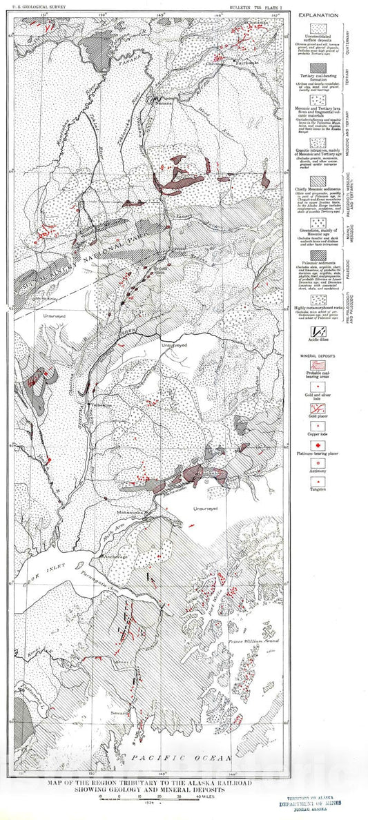 Map : Geology and mineral resources of the region traversed by the Alaska Railroad, 1924 Cartography Wall Art :