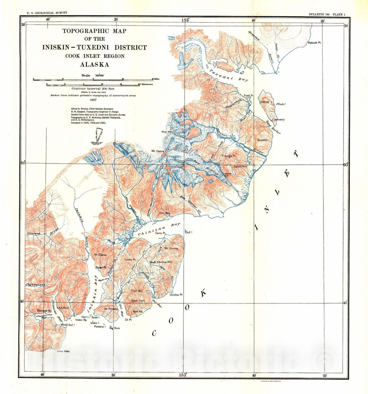 Map : The Iniskin - Chinitna Peninsula and the Snug Harbor district, Alaska, 1927 Cartography Wall Art :