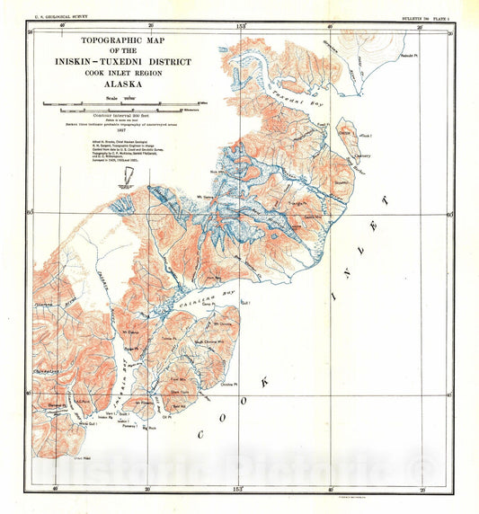 Map : The Iniskin - Chinitna Peninsula and the Snug Harbor district, Alaska, 1927 Cartography Wall Art :