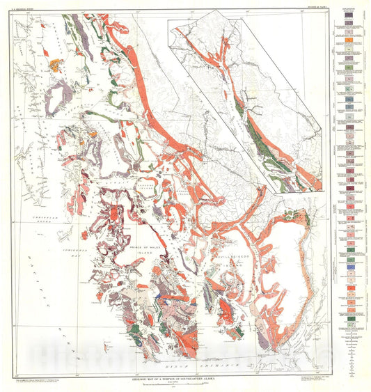 Map : Geology and mineral deposits of southeastern Alaska, 1929 Cartography Wall Art :