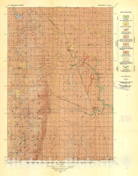 Map : Geology and water resources of the Edgeley and La Moure quadrangles, North Dakota, 1929 Cartography Wall Art :