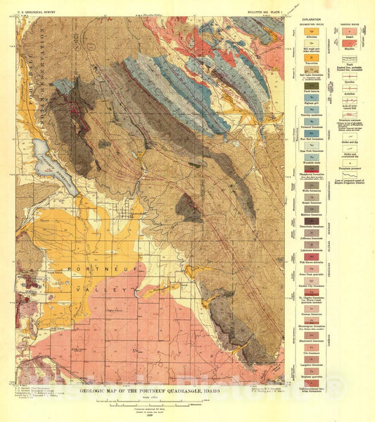 Map : Geography, geology, and mineral resources of the Portneuf quadrangle, Idaho, 1929 Cartography Wall Art :