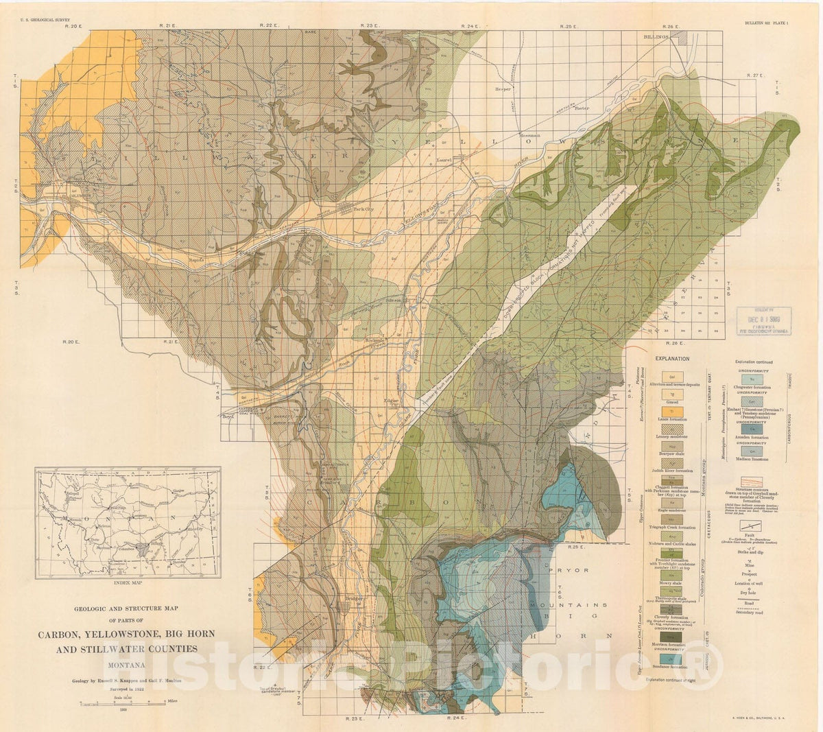 Map : Geology and mineral resources of parts of Carbon, Big Horn, Yellowstone, and Stillwater Counties, Montana, 1931 Cartography Wall Art :