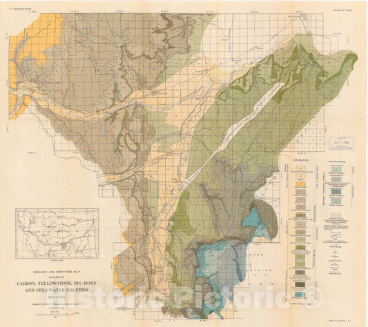 Map : Geology and mineral resources of parts of Carbon, Big Horn, Yellowstone, and Stillwater Counties, Montana, 1931 Cartography Wall Art :
