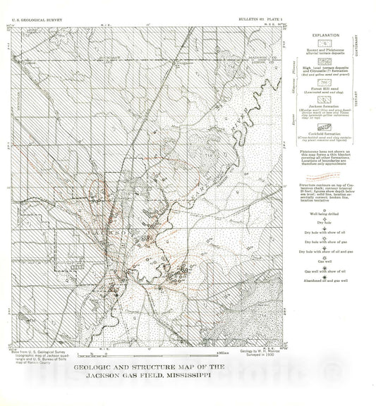 Map : The Jackson gas field, Hinds and Rankin Counties, Mississippi, 1932 Cartography Wall Art :