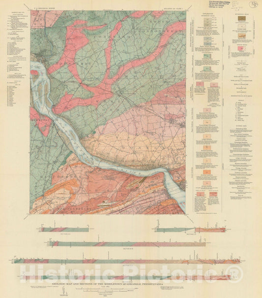 Map : Geology and mineral resources of the Middletown quadrangle, Pennsylvania, 1933 Cartography Wall Art :