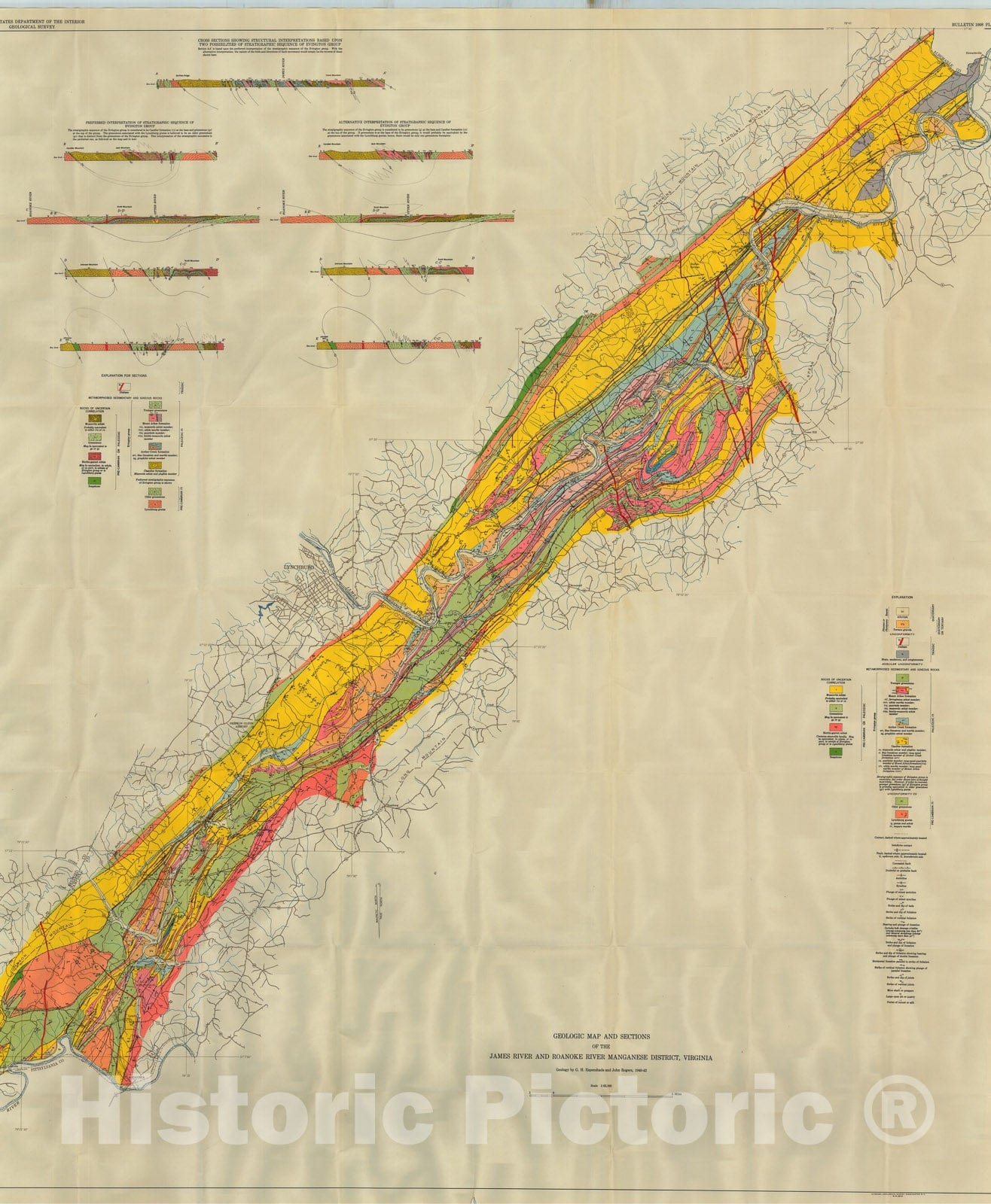 Map : Geology and mineral deposits of the James River - Roanoke River manganese district, Virginia, 1954 Cartography Wall Art :