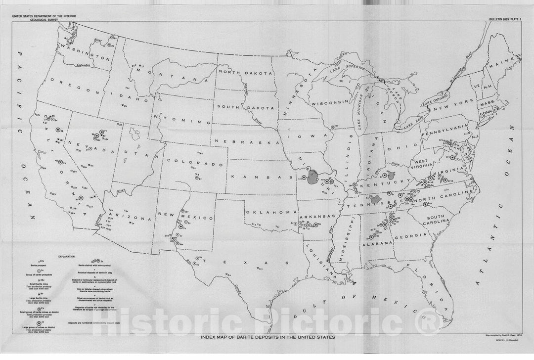 Map : Annotated bibliography and index map of barite deposits in the United States, 1955 Cartography Wall Art :