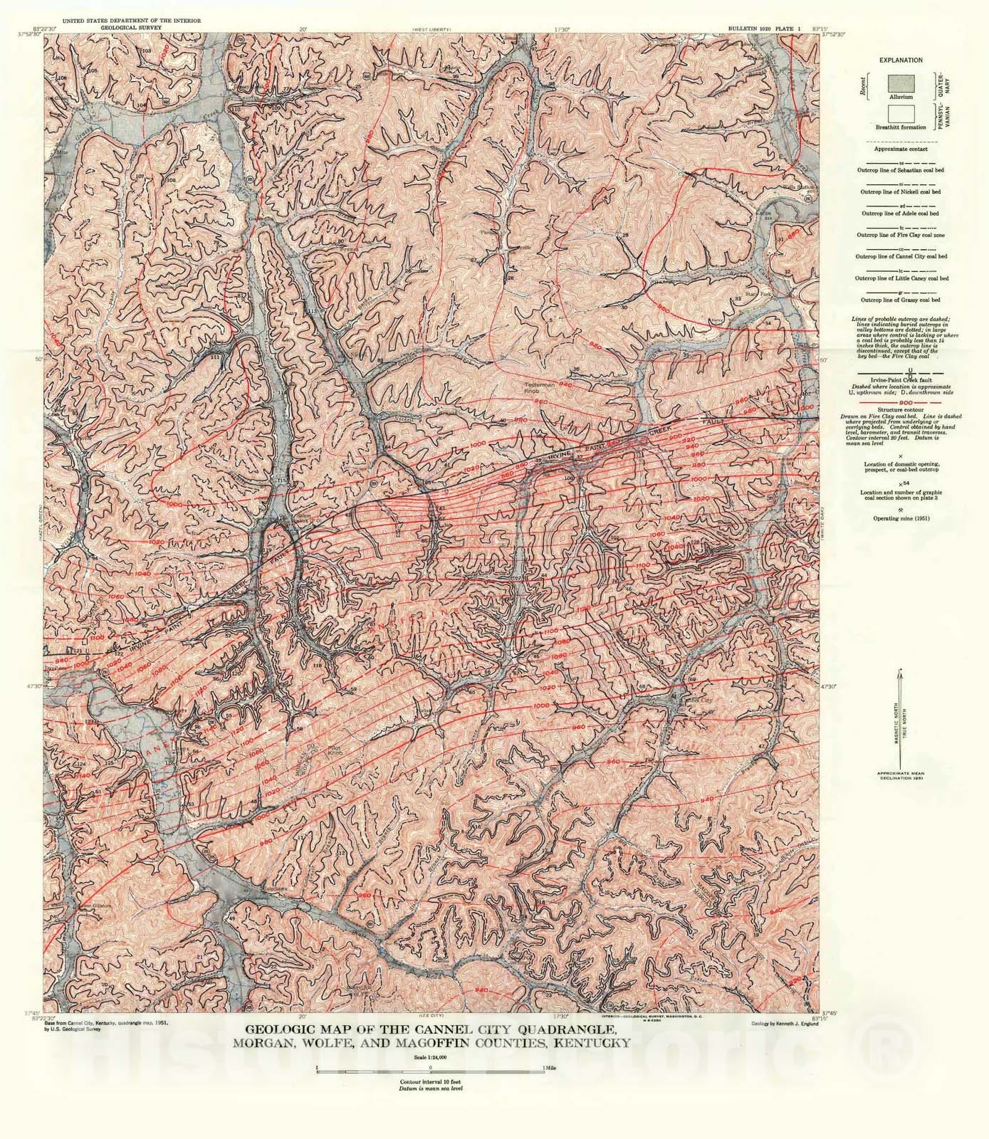 Map : Geology and coal resources of the Cannel City quadrangle, Kentucky, 1955 Cartography Wall Art :