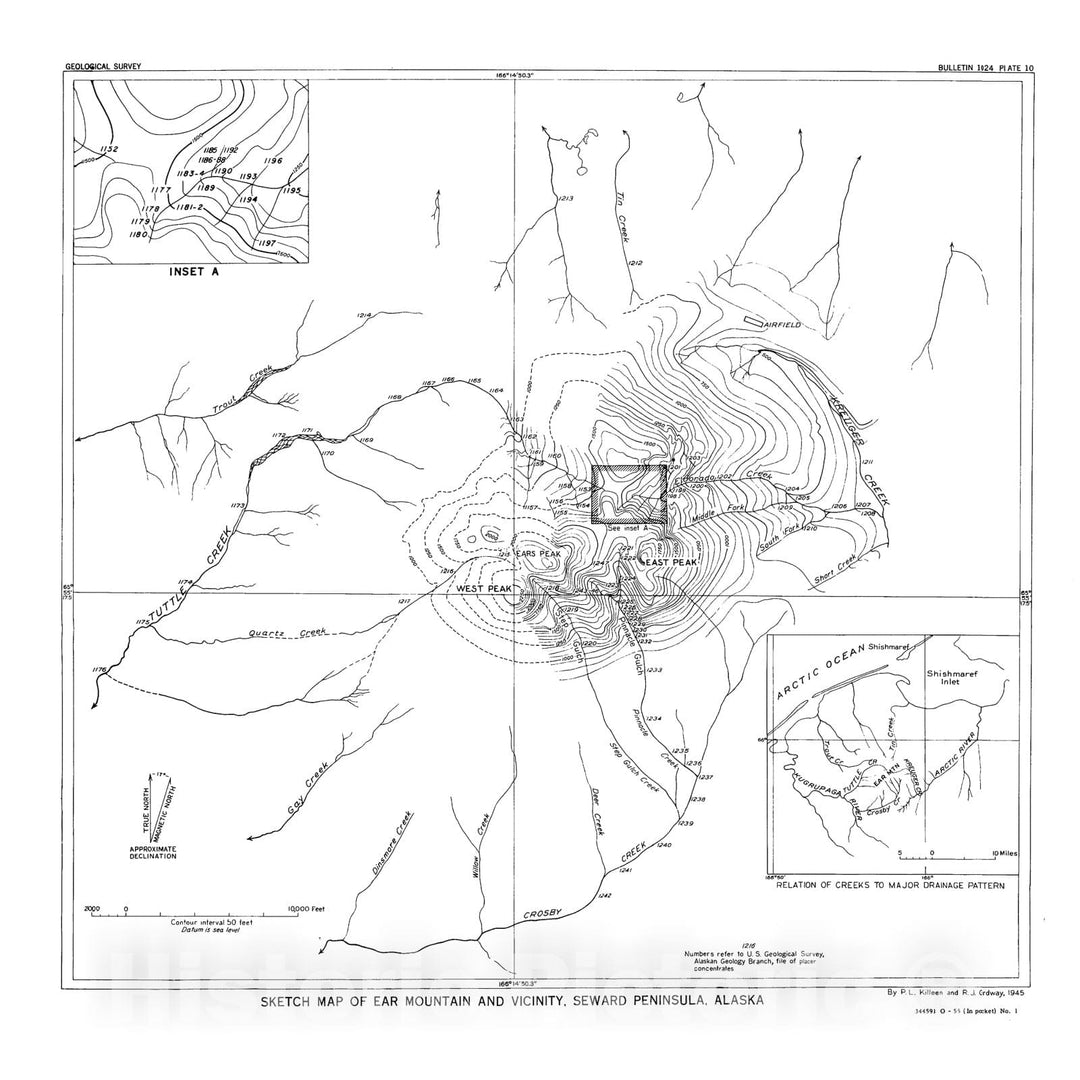 Map : Radioactivity investigations at Ear Mountain, Seward Peninsula, Alaska, 1945, 1955 Cartography Wall Art :