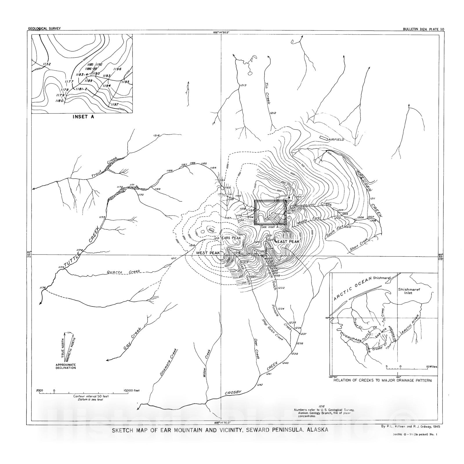 Map : Radioactivity investigations at Ear Mountain, Seward Peninsula, Alaska, 1945, 1955 Cartography Wall Art :