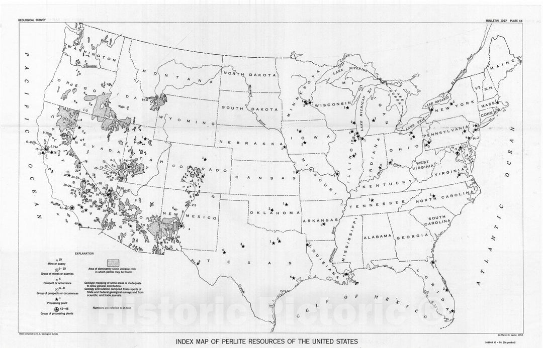 Map : Perlite resources of the United States, 1956 Cartography Wall Art :