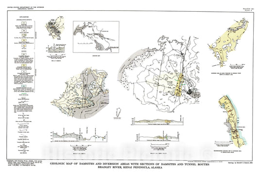 Map : Geology of waterpower sites on the Bradely River, Kenai River Peninsula, Alaska, 1962 Cartography Wall Art :