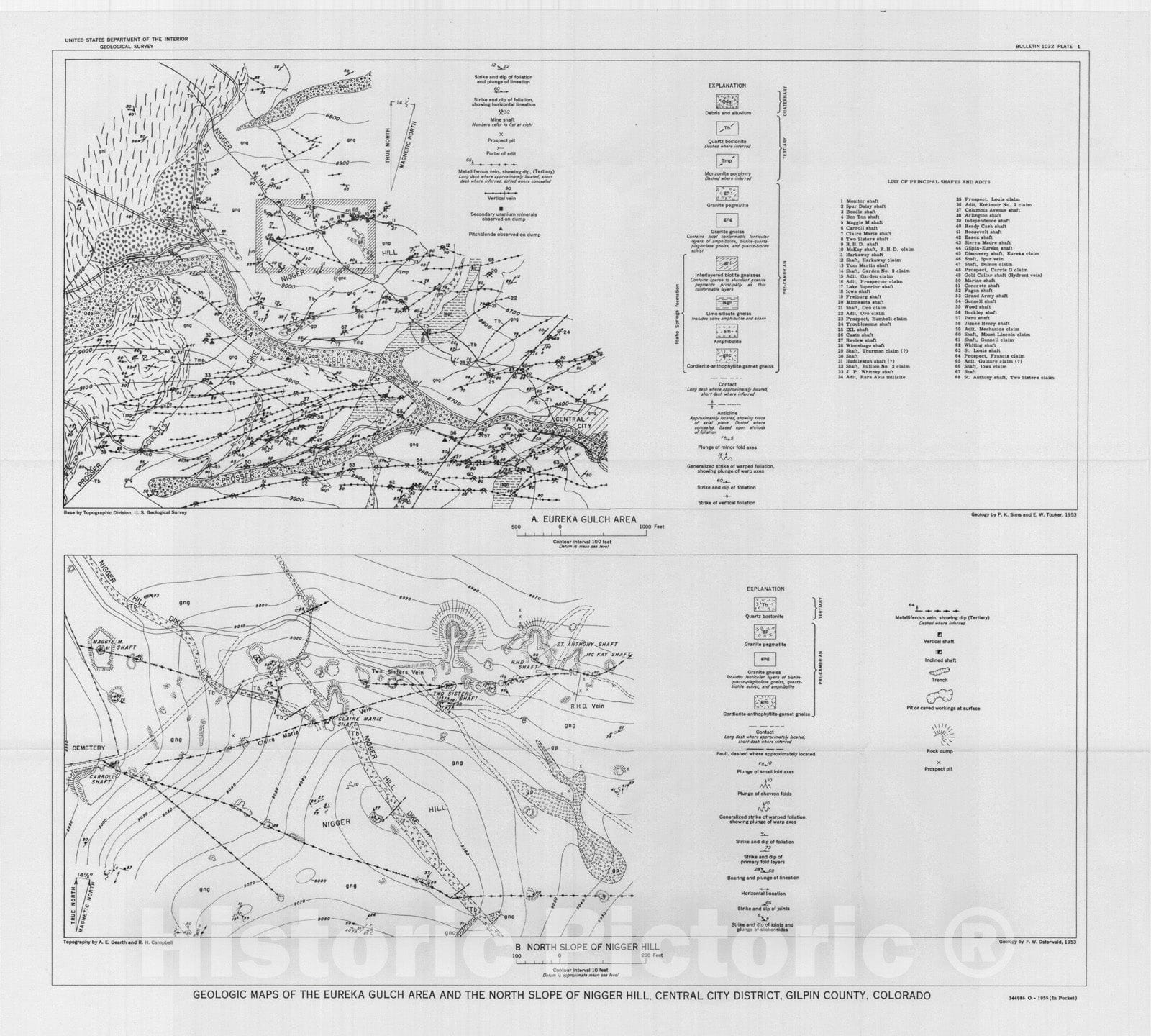 Map : Uranium deposits in the Eureka Gulch area, Central City district, Gilpin County, Colorado, 1955 Cartography Wall Art :