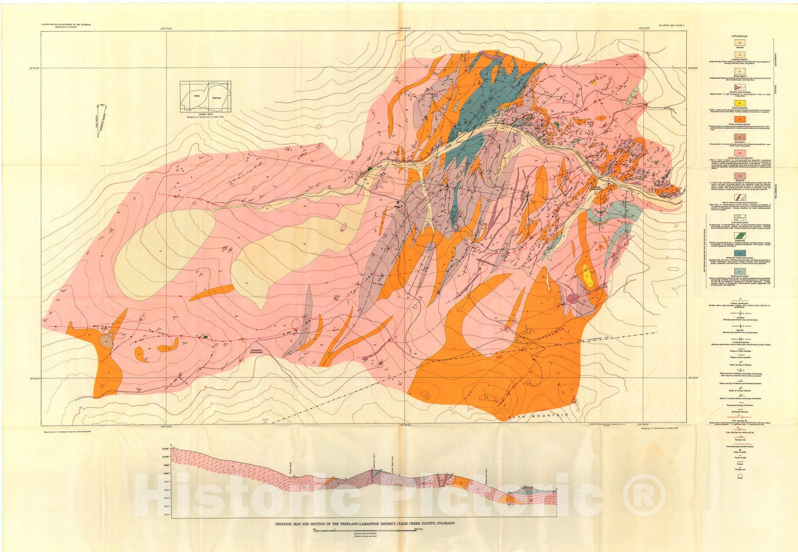 Map : Geology and ore deposits of the Freeland - Lamartine district, Clear Creek County, Colorado, 1956 Cartography Wall Art :
