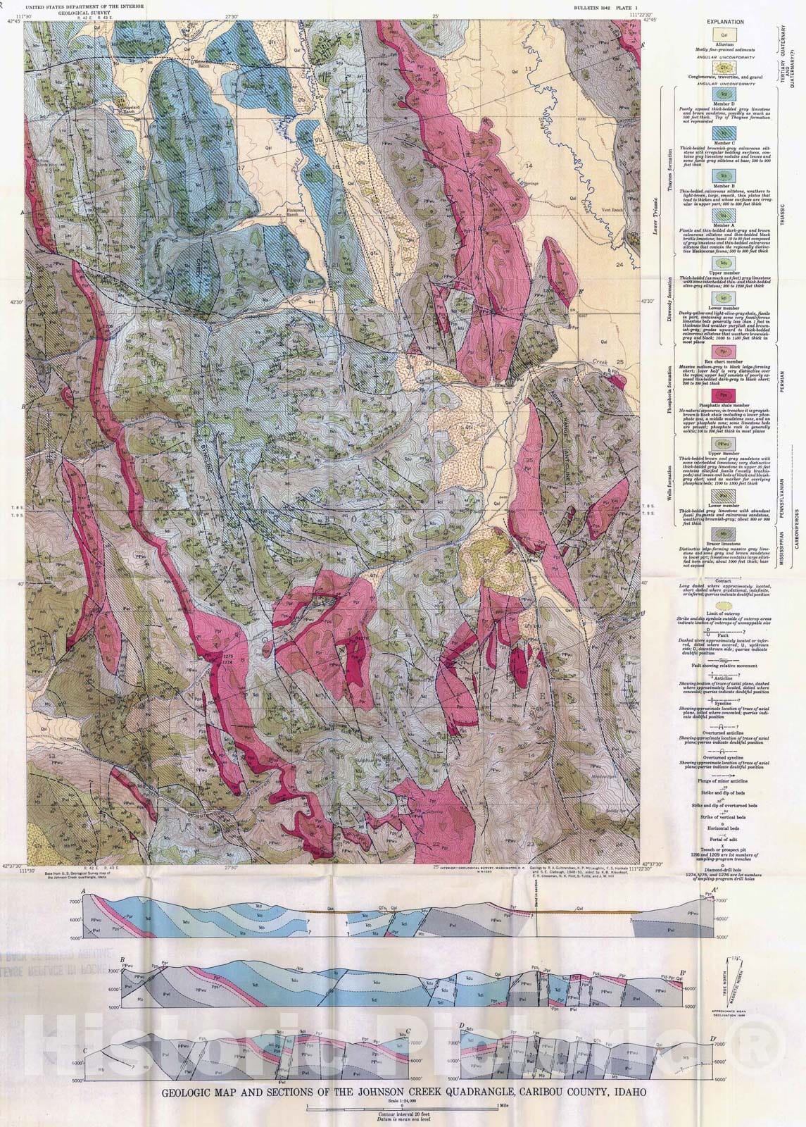 Map : Geology of the Johnson Creek quadrangle, Caribou County, Idaho, 1956 Cartography Wall Art :