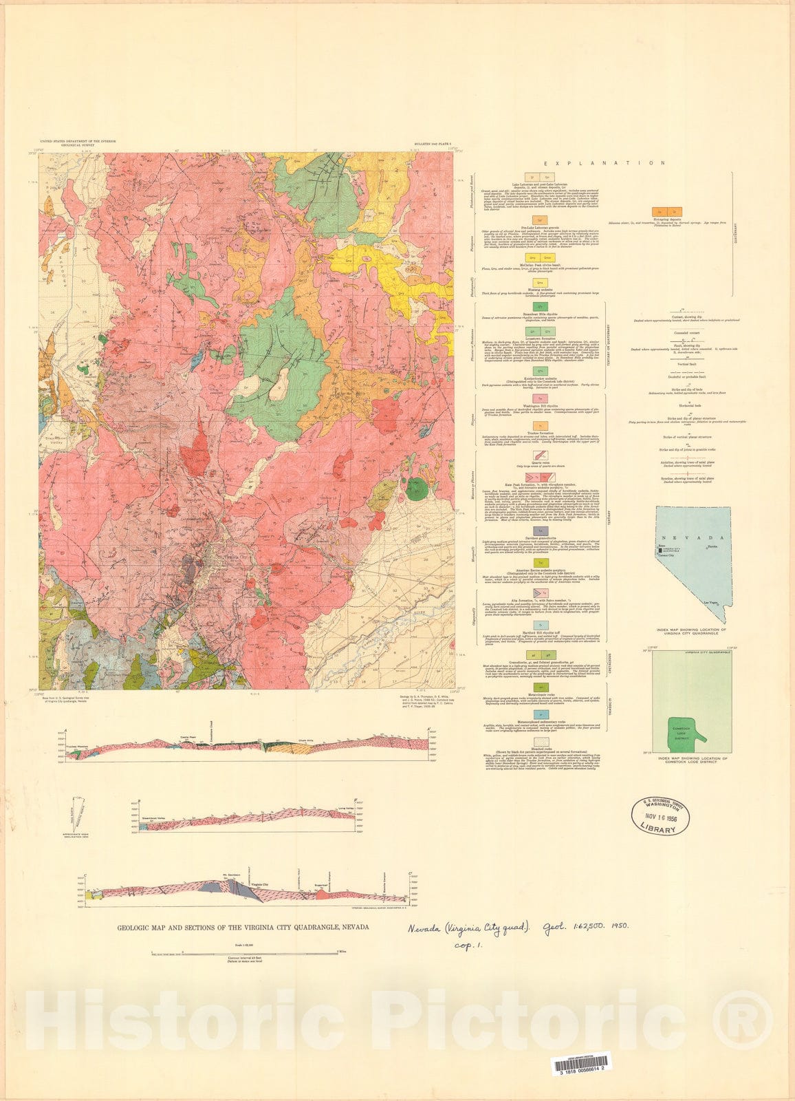 Map : Geology of the Virginia City quadrangle, Nevada, 1956 Cartography Wall Art :
